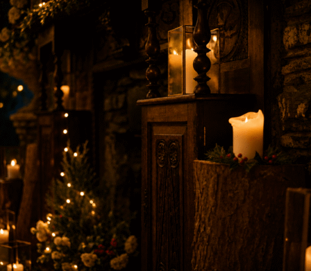 Cosy hotel lounge with warm candlelight, elegant wooden decor, and lush greenery, perfect for a relaxing evening retreat.