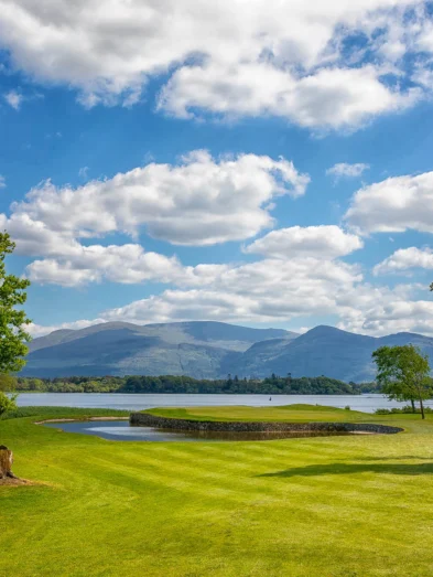 Scenic lake view from hotel garden with lush greenery and distant mountains under a bright blue sky.