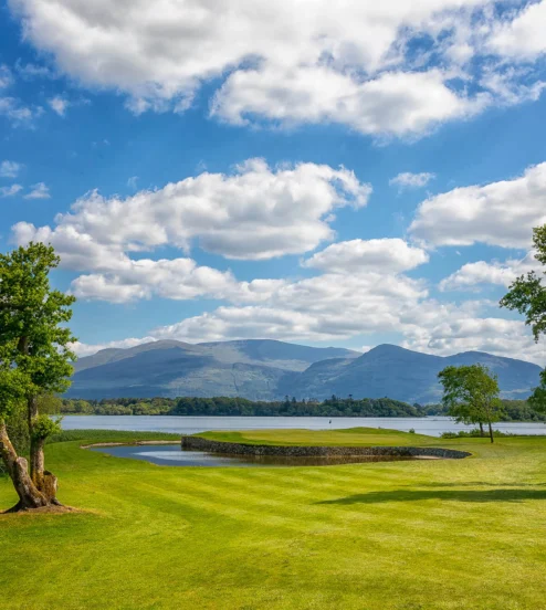 Scenic lake view from hotel garden with lush greenery and distant mountains under a bright blue sky.