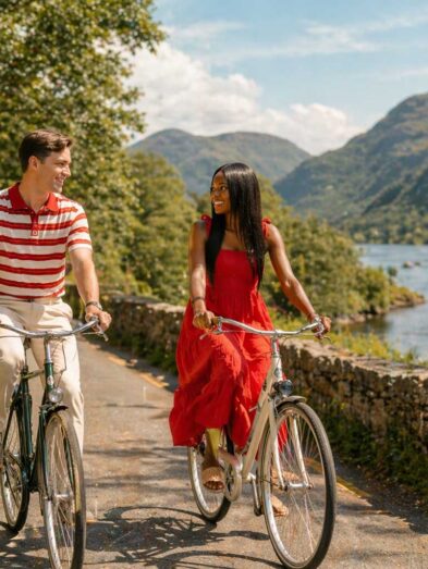 Couple cycling by a scenic lakeside with mountains, blue sky, lush greenery; ideal for romantic getaways and nature lovers.