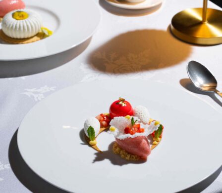 Elegant dining with gourmet dessert and espresso at luxury hotel restaurant