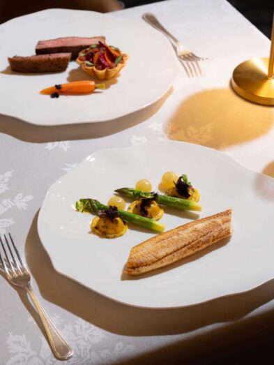 Fine dining tasting menu with fresh fish, asparagus and Irish meat courses at Yew Tree Restaurant