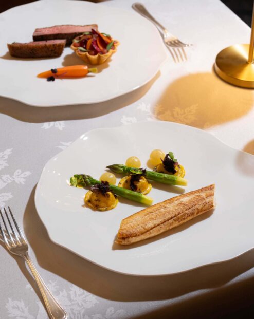 Fine dining tasting menu with fresh fish, asparagus and Irish meat courses at Yew Tree Restaurant