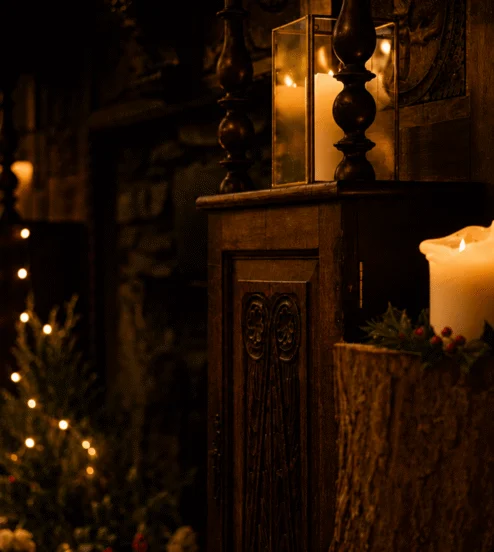 Cosy hotel lounge with warm candlelight, rustic wooden décor, festive wreaths, and ambient lighting for a welcoming stay.
