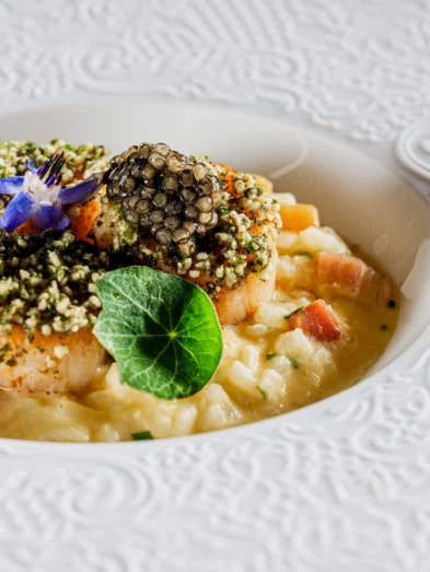 Pan-seared scallops with herb crumb, caviar and pea shoots on creamy risotto served on embossed white plate — fine-dining hotel restaurant